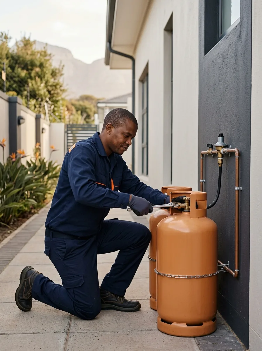 Gas technician fitting a regulator to a cylinder outside a home