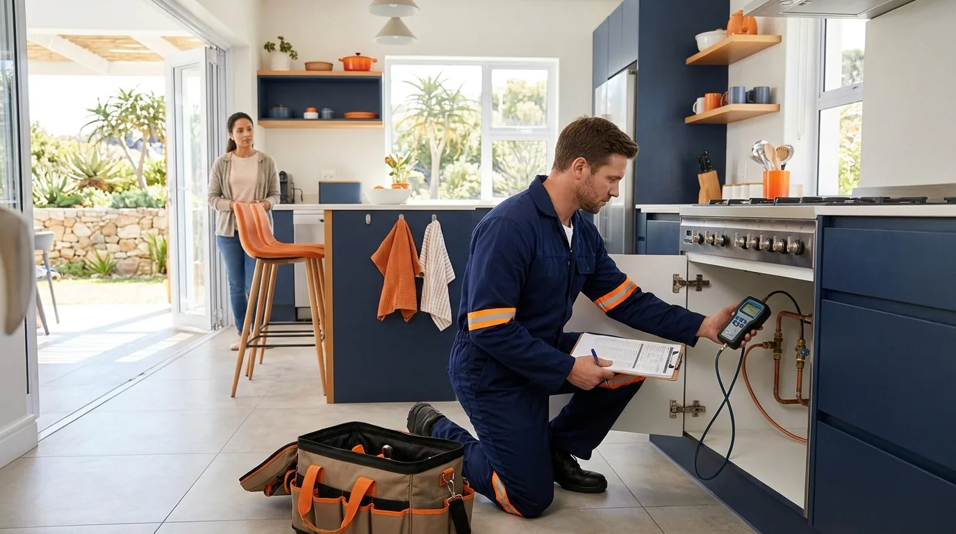Technician inspecting a gas installation with a pressure gauge