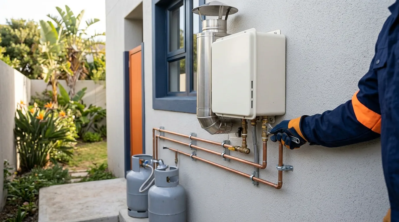 Technician checking a wall-mounted gas water heater