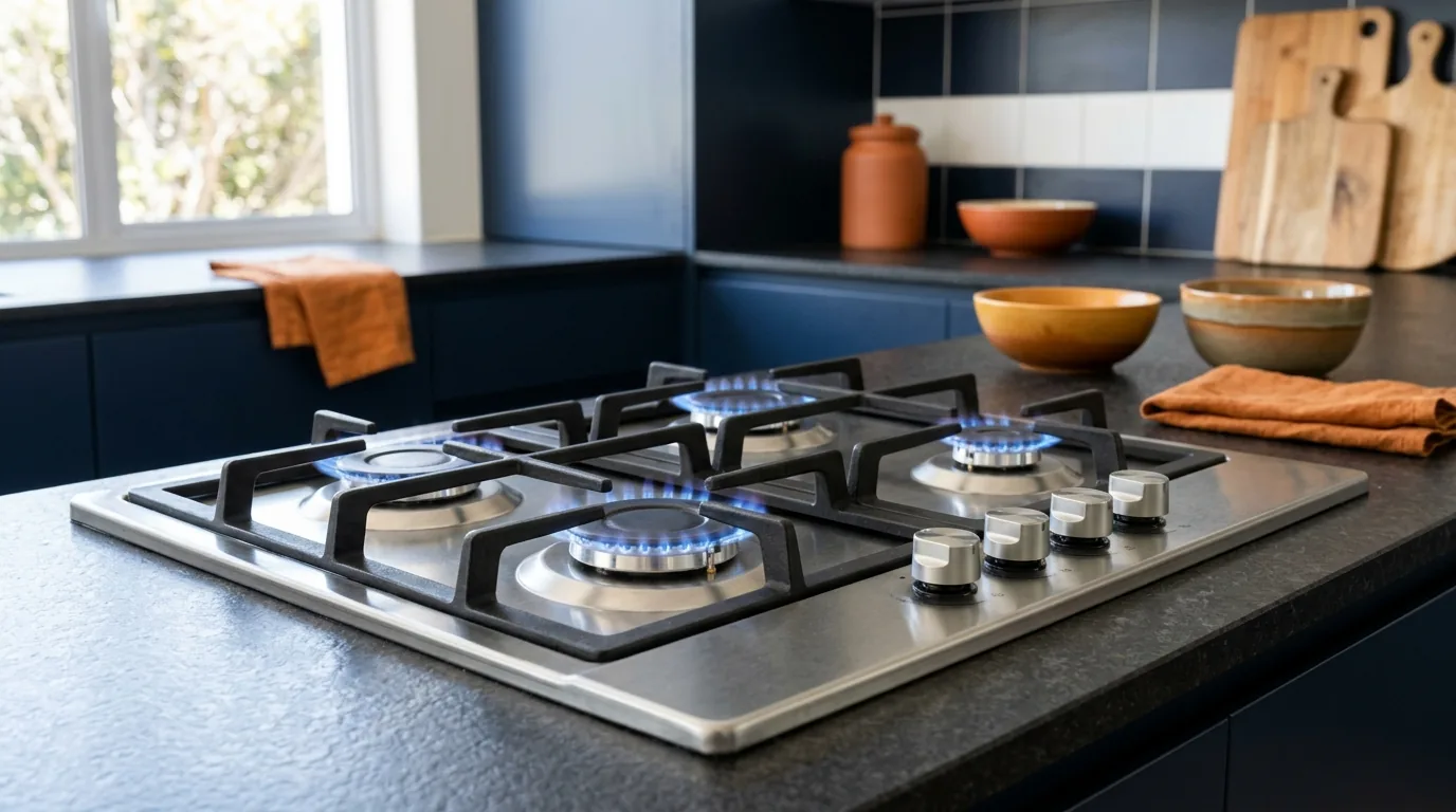 Gas hob with lit burners in a modern kitchen