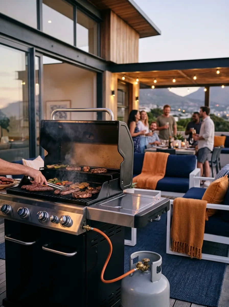 Friends grilling on a gas braai on a patio