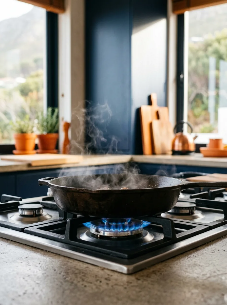 Pan on a gas burner with blue flames
