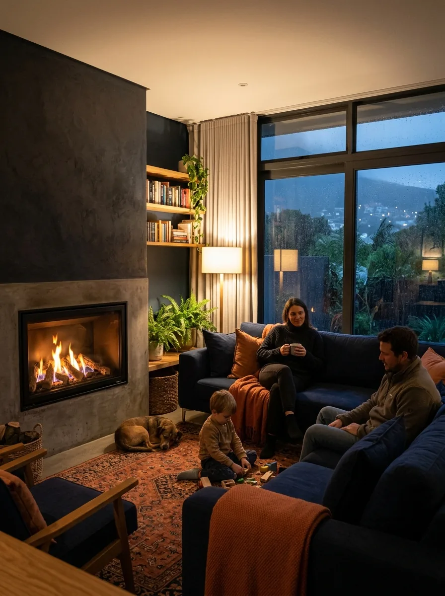 Family relaxing by a gas fireplace