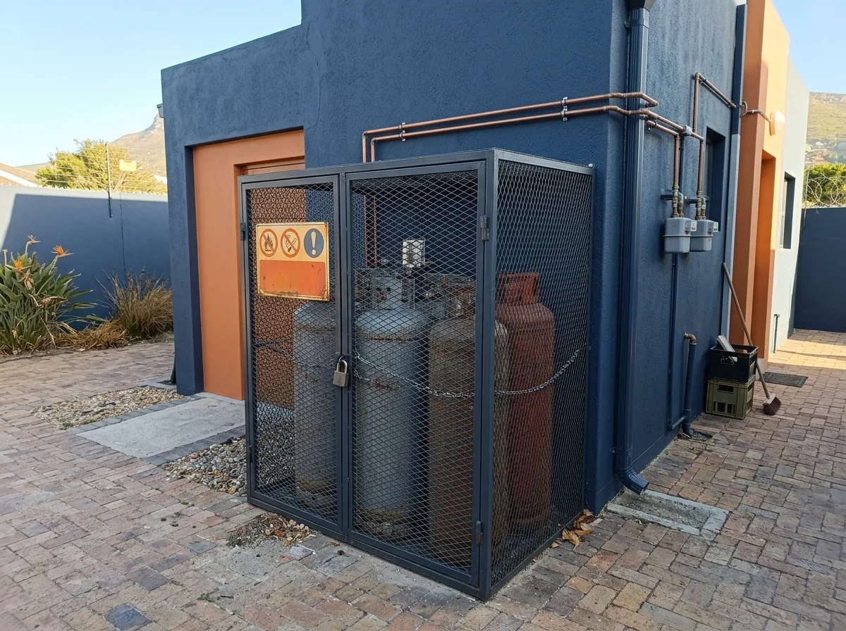 Gas cylinders stored in a safety cage