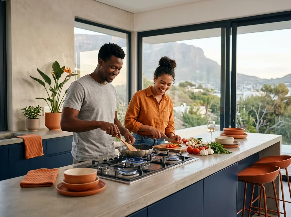 Couple cooking together on a gas hob