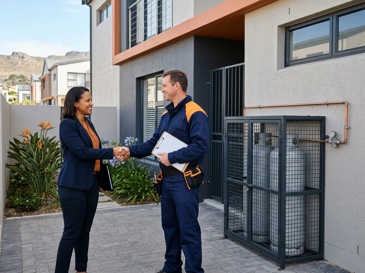 Estate agent and technician shaking hands outside a townhouse