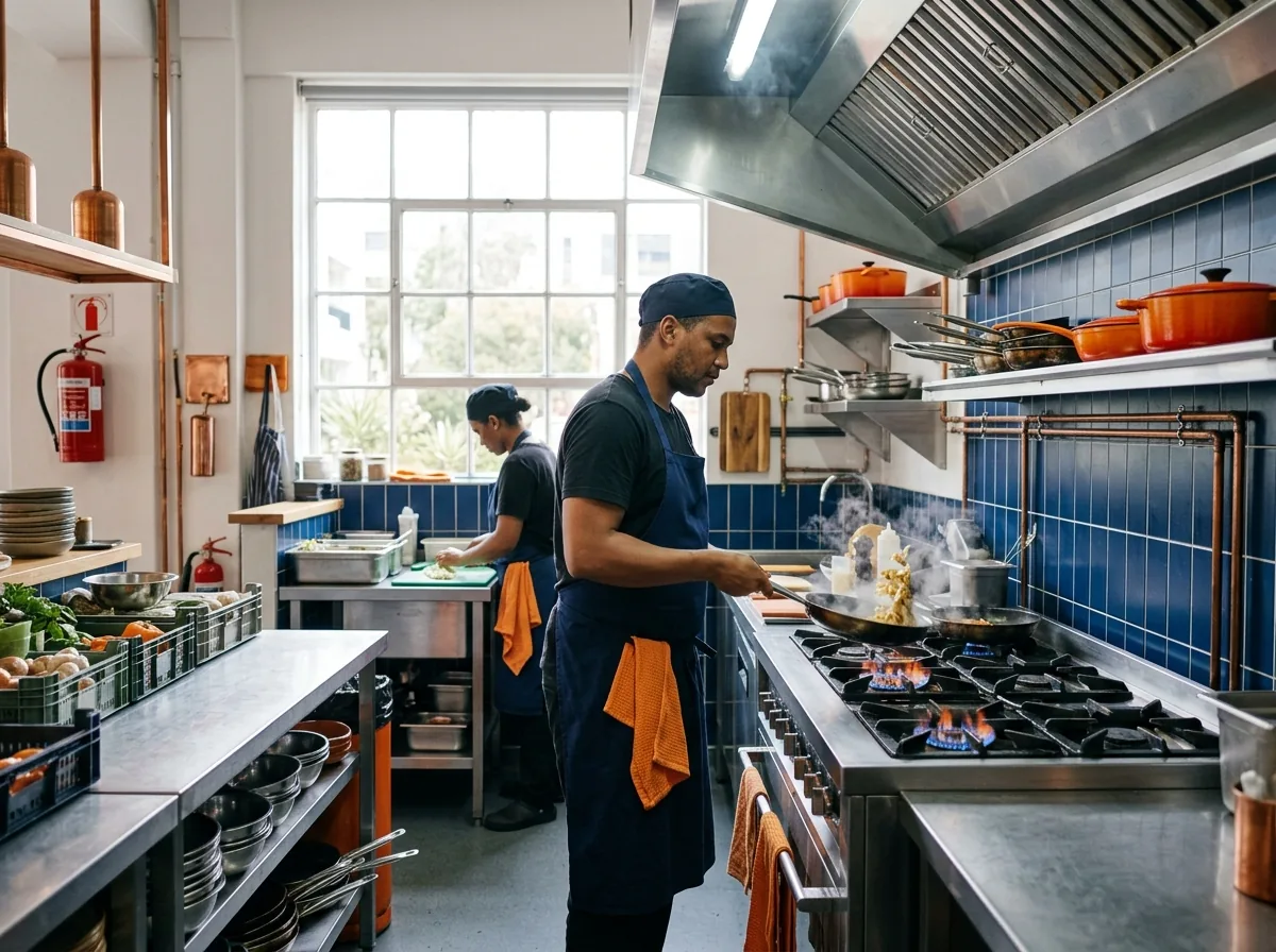 Chef cooking on gas burners in a restaurant kitchen
